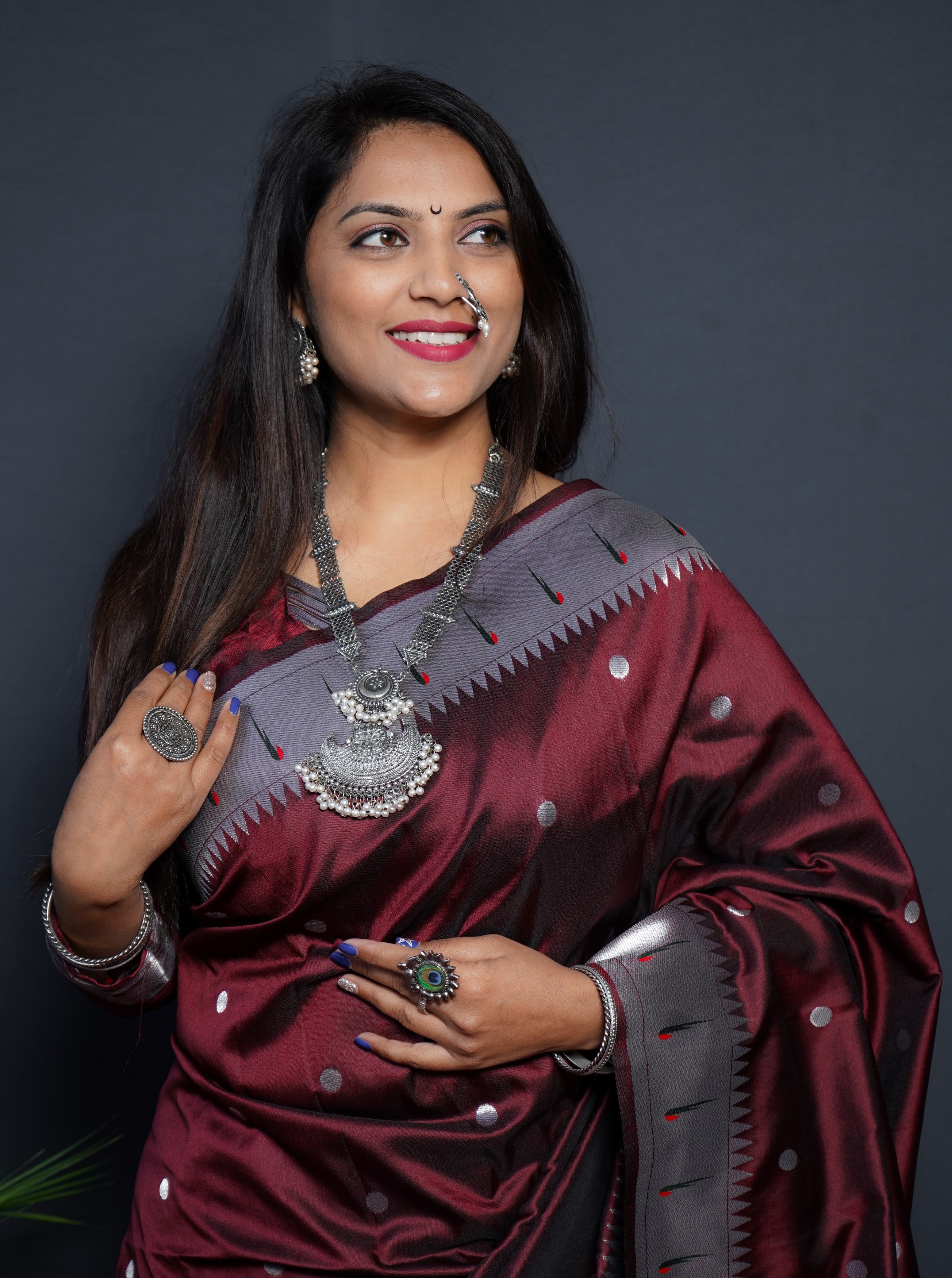 Paithani Maroon Pure Silk Saree With Meena Work Weaving