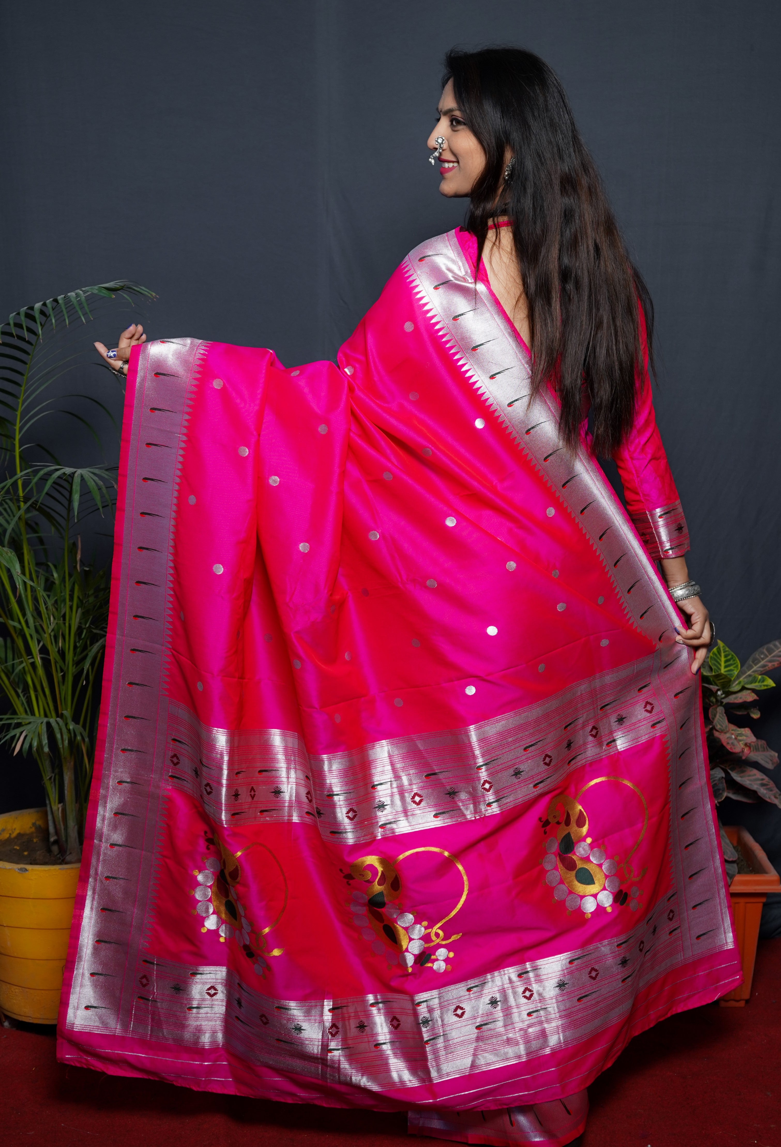 Paithani Pink Pure Silk Saree With Meena Work Weaving