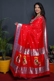 Paithani Red Pure Silk Saree With Meena Work Weaving