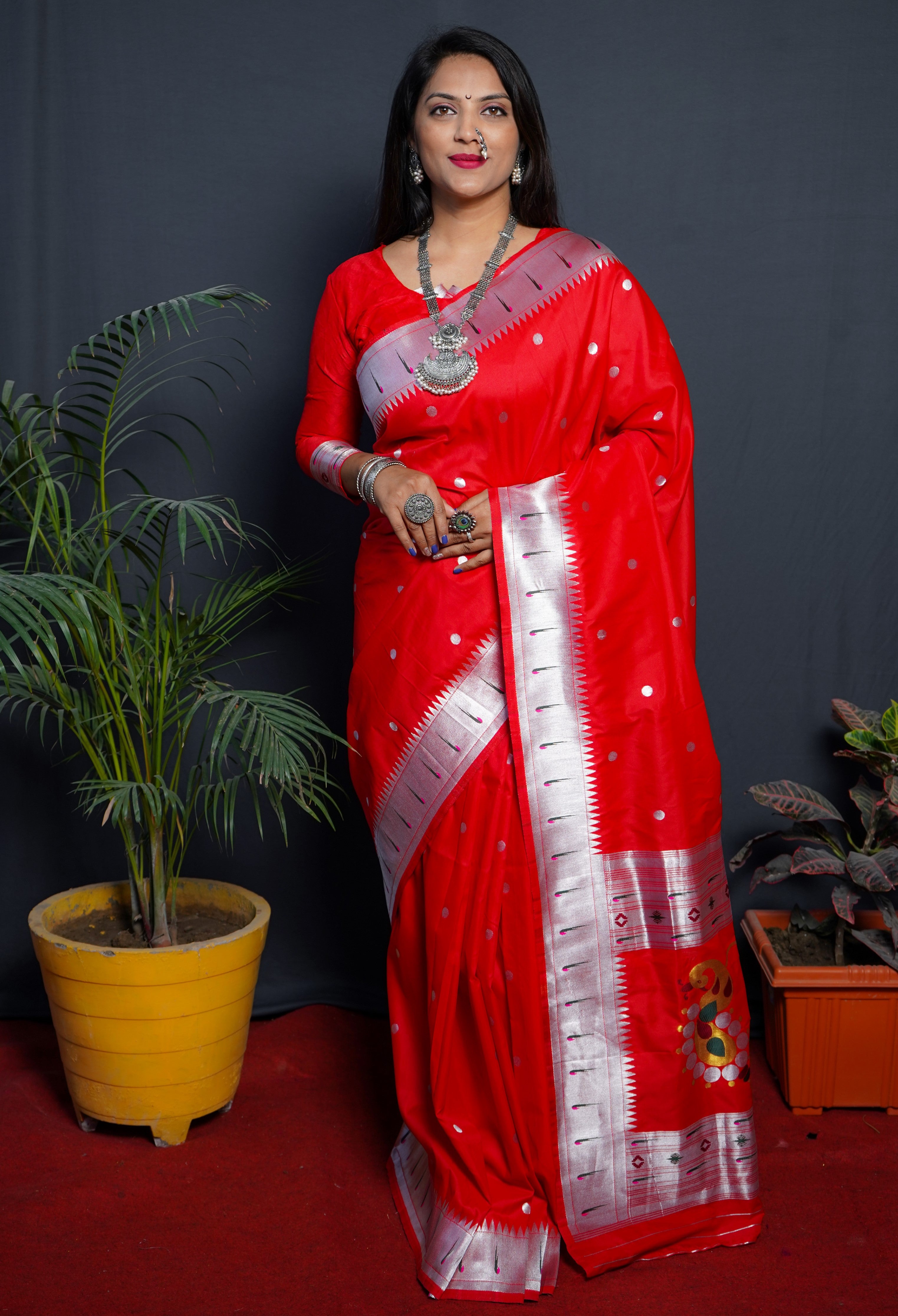 Paithani Red Pure Silk Saree With Meena Work Weaving