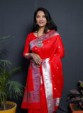 Paithani Red Pure Silk Saree With Meena Work Weaving