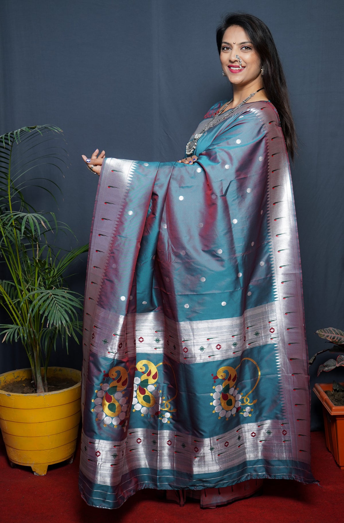 Paithani Teal Pure Silk Saree With Meena Work Weaving