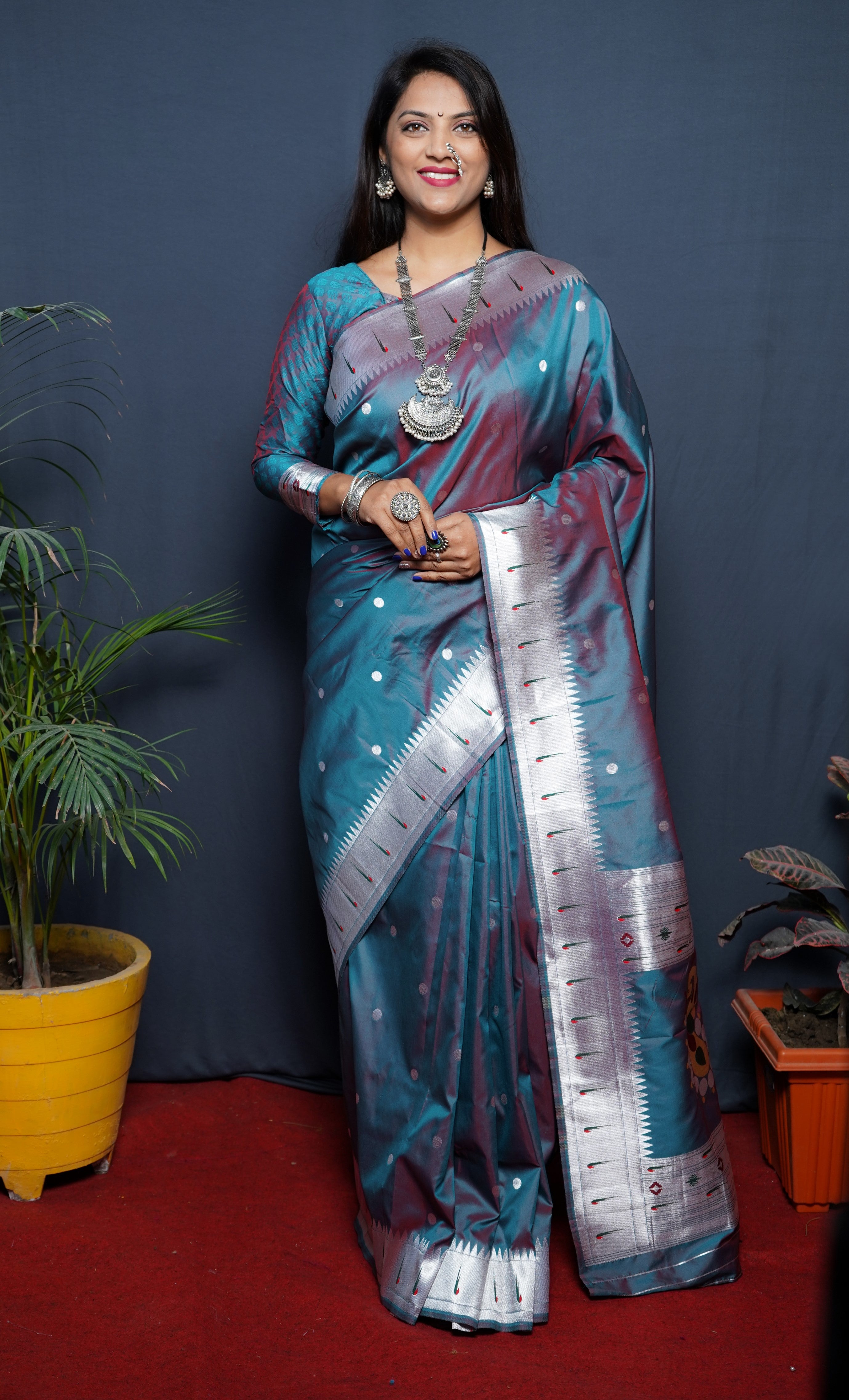 Paithani Teal Pure Silk Saree With Meena Work Weaving