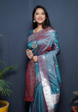 Paithani Teal Pure Silk Saree With Meena Work Weaving