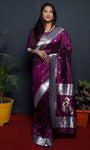 Paithani Wine Pure Silk Saree With Meena Work Weaving