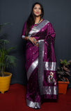 Paithani Wine Pure Silk Saree With Meena Work Weaving