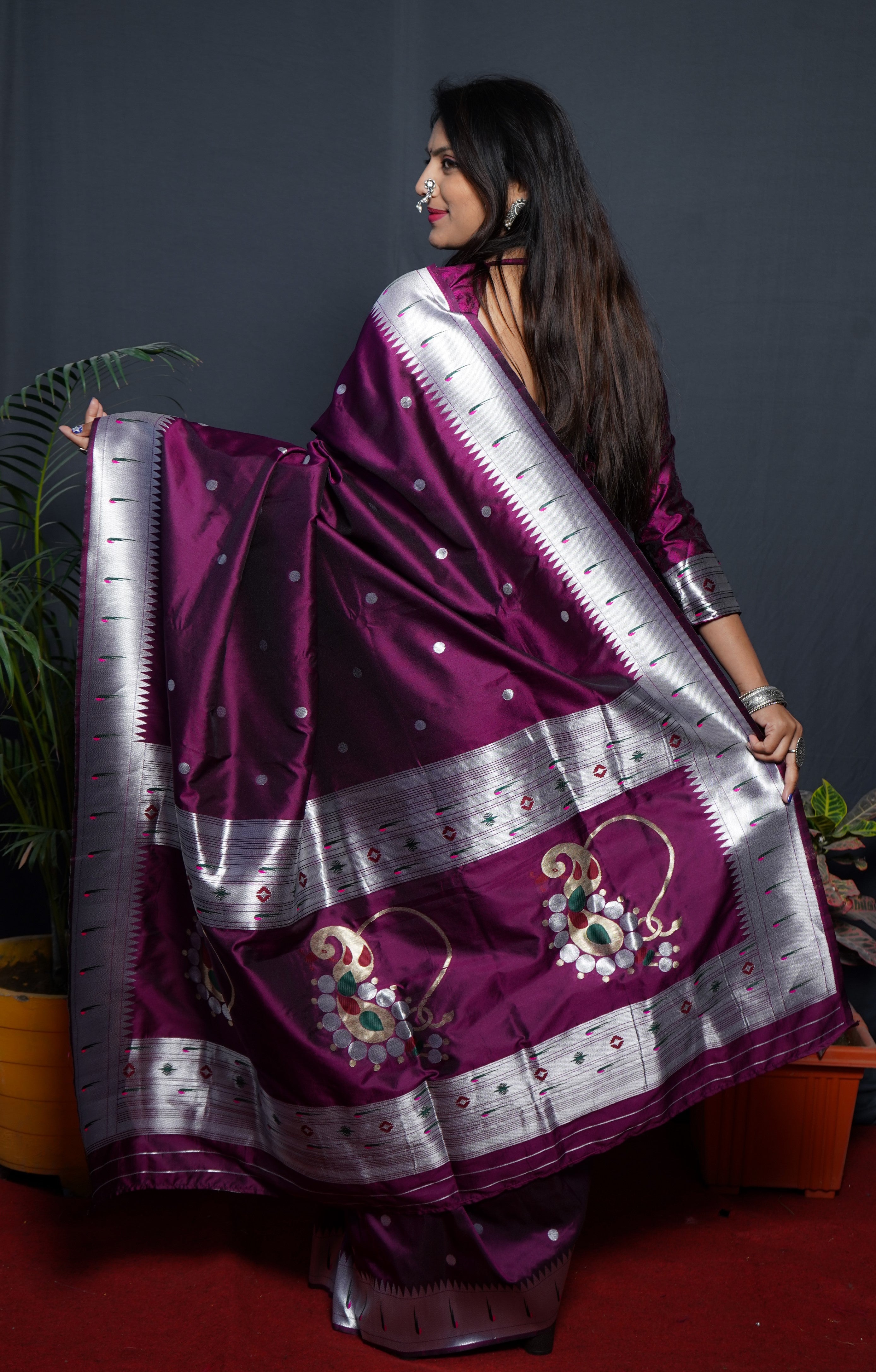 Paithani Wine Pure Silk Saree With Meena Work Weaving