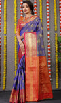 Pure Tissue Silk Blue Kanjivaram Saree Contrast Jari With Figure Design