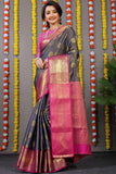 Pure Tissue Silk Grey Kanjivaram Saree Contrast Jari With Figure Design