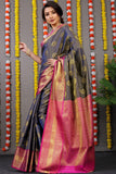 Pure Tissue Silk Grey Kanjivaram Saree Contrast Jari With Figure Design