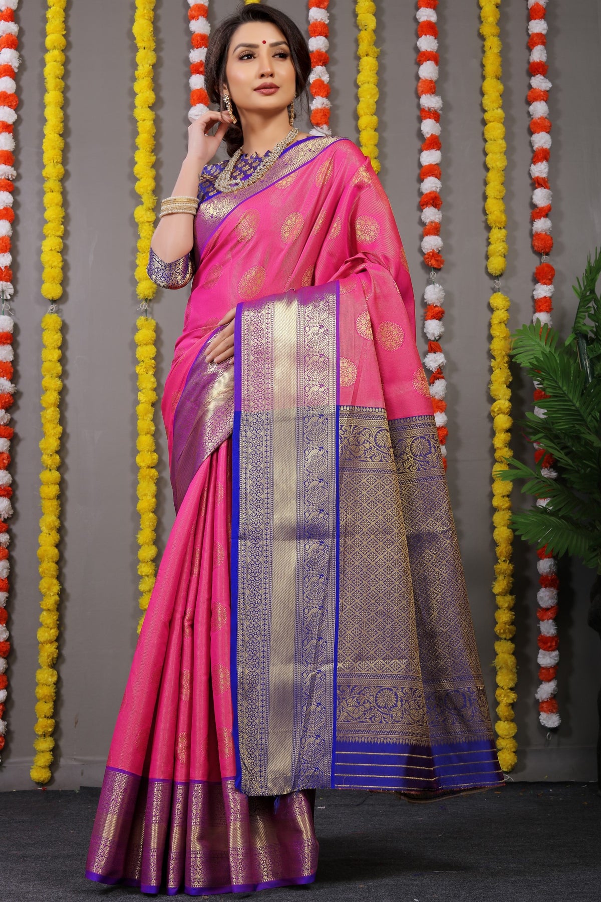 Pure Tissue Silk Pink Kanjivaram Saree Contrast Jari With Figure Design