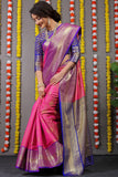 Pure Tissue Silk Pink Kanjivaram Saree Contrast Jari With Figure Design