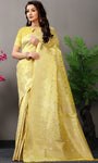 Light Yellow Pure Silk Kanjivaram Saree With Gold Jari Weaving