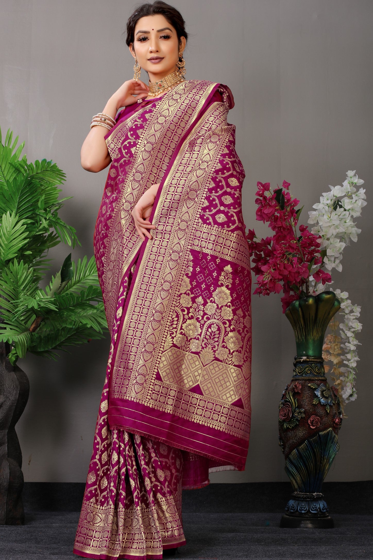 Wine Pure Silk Kanjivaram Saree With Gold Jari Weaving