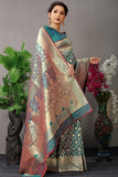 Teal Pure Silk Kanjivaram Saree With Gold Jari Weaving