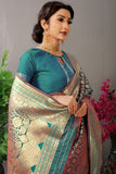 Teal Pure Silk Kanjivaram Saree With Gold Jari Weaving