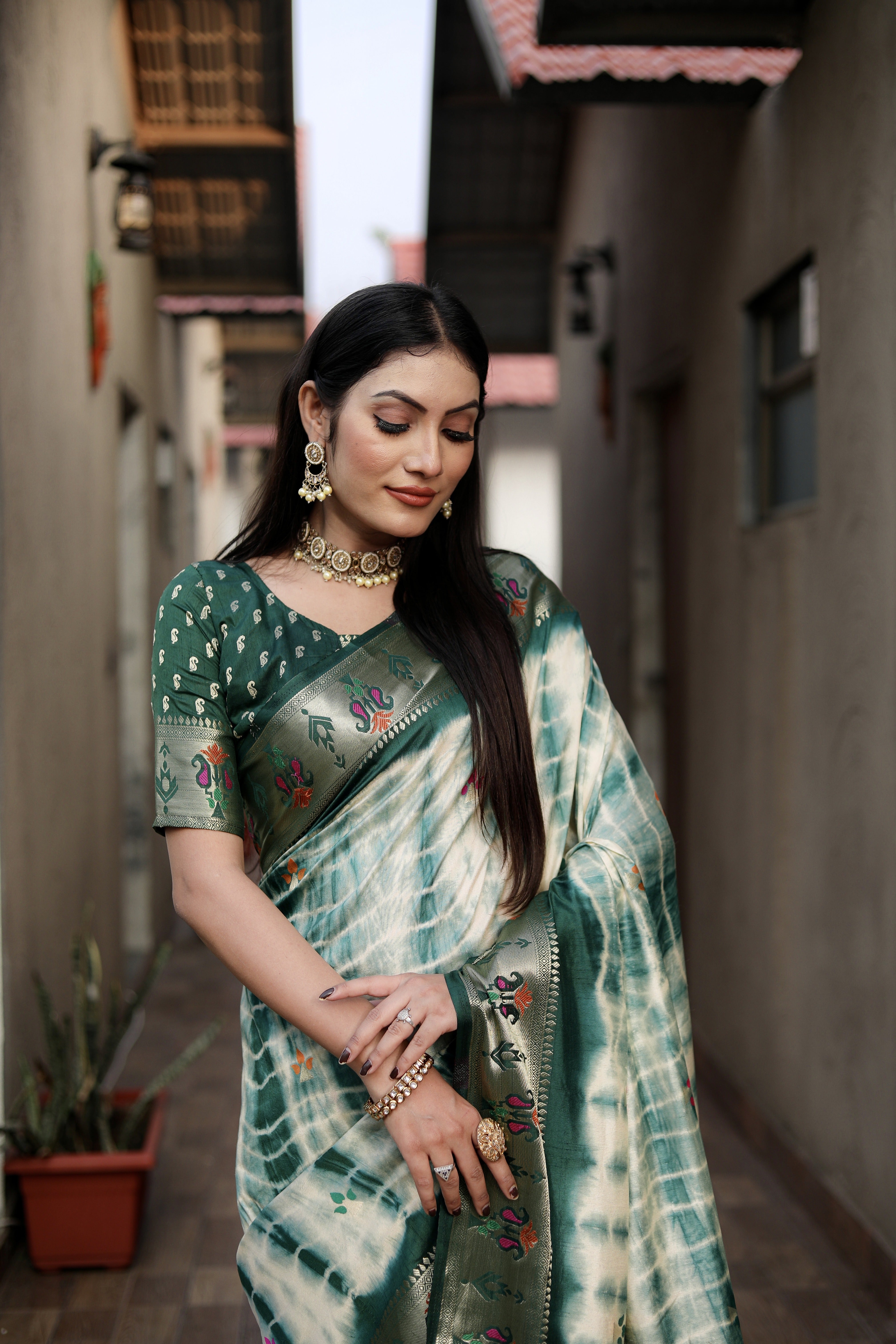 Green Beautiful Soft Silk Sibory Print With Gold Zari Weaving