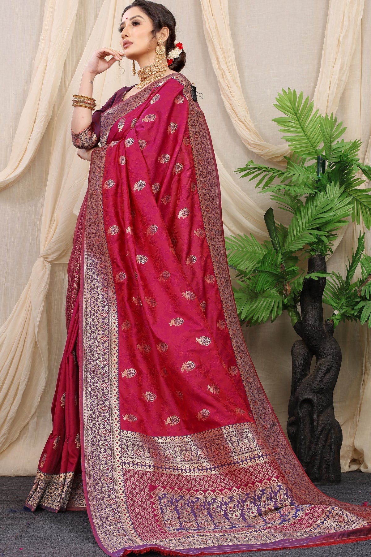 Maroon Pure Silk Kalamkari Saree Gold Jari With Embossed Design