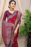 Maroon Pure Silk Kalamkari Saree Gold Jari With Embossed Design