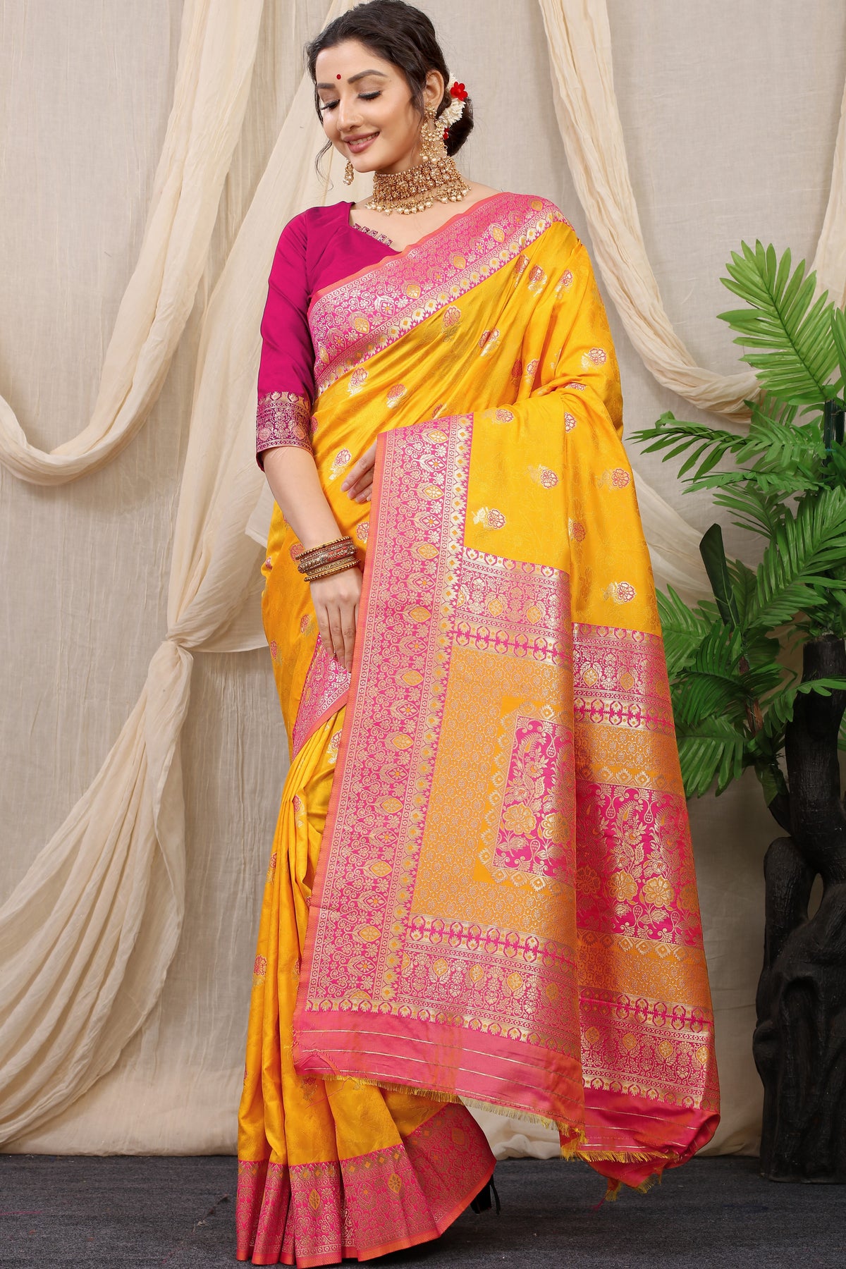 Mustard Pure Silk Kalamkari Saree Gold Jari With Embossed Design