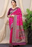 Pink Pure Silk Kalamkari Saree Gold Jari With Embossed Design