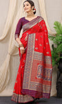 Red Pure Silk Kalamkari Saree Gold Jari With Embossed Design