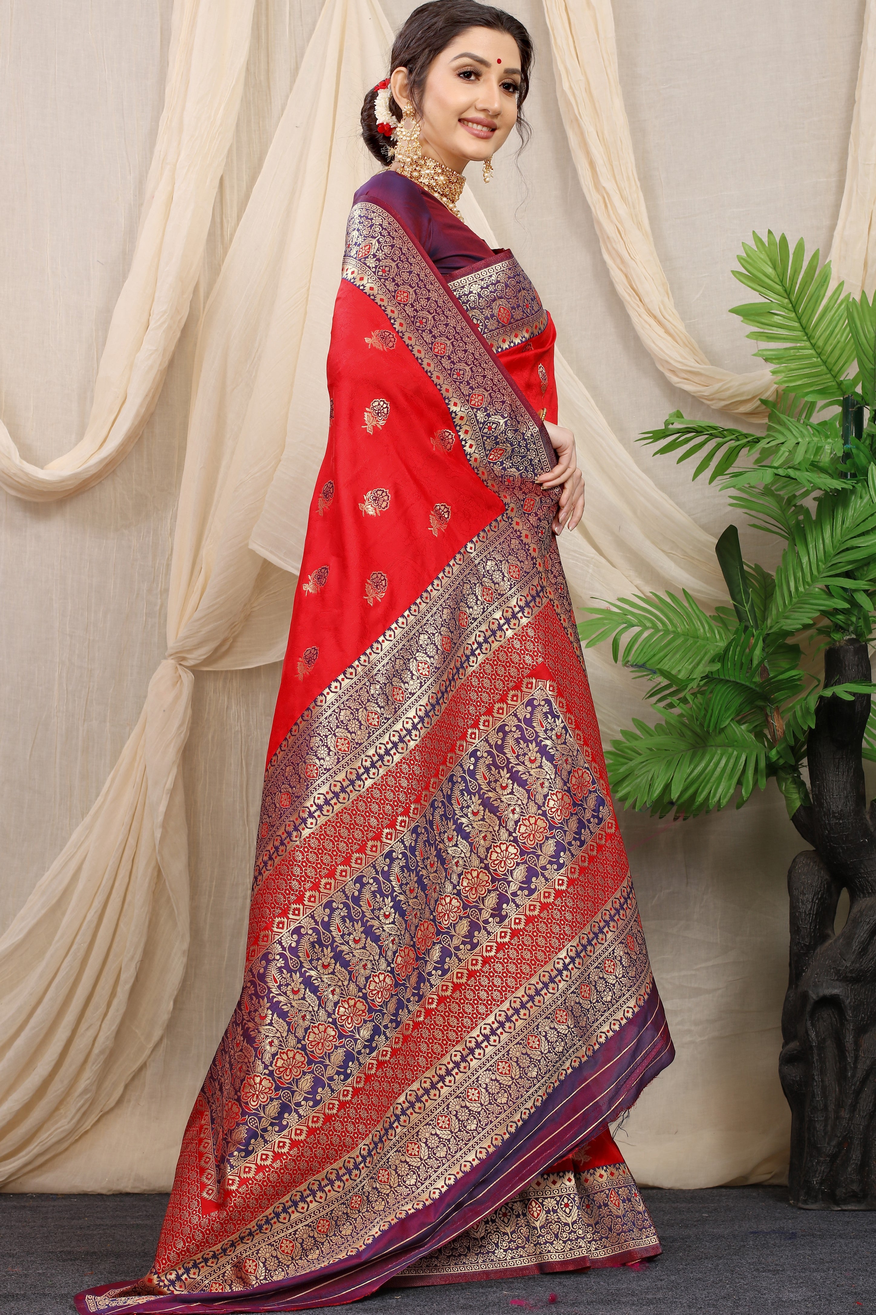 Red Pure Silk Kalamkari Saree Gold Jari With Embossed Design