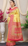 Yellow Pure Silk Kalamkari Saree Gold Jari With Embossed Design