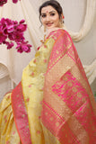 Yellow Pure Silk Kalamkari Saree Gold Jari With Embossed Design