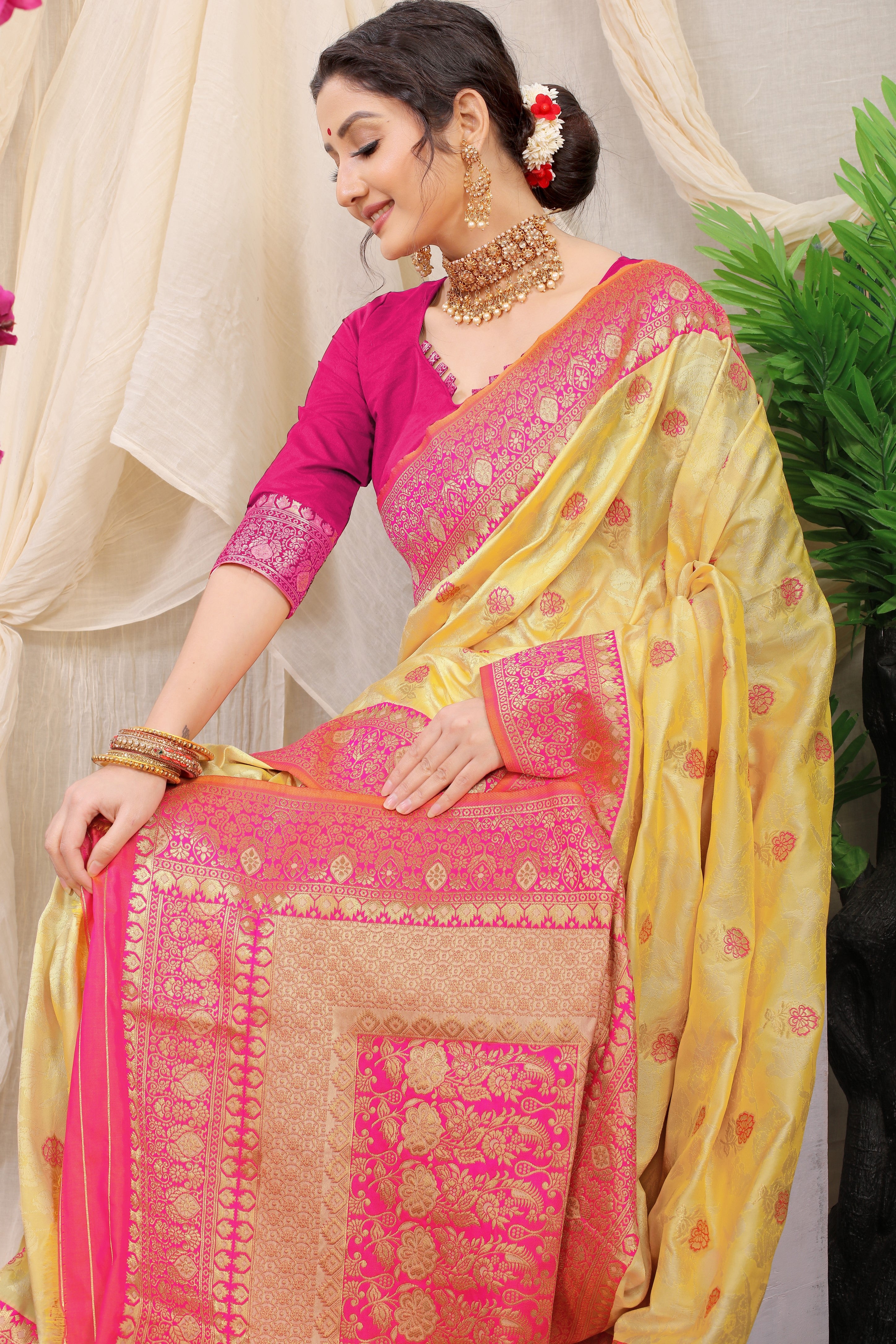 Yellow Pure Silk Kalamkari Saree Gold Jari With Embossed Design