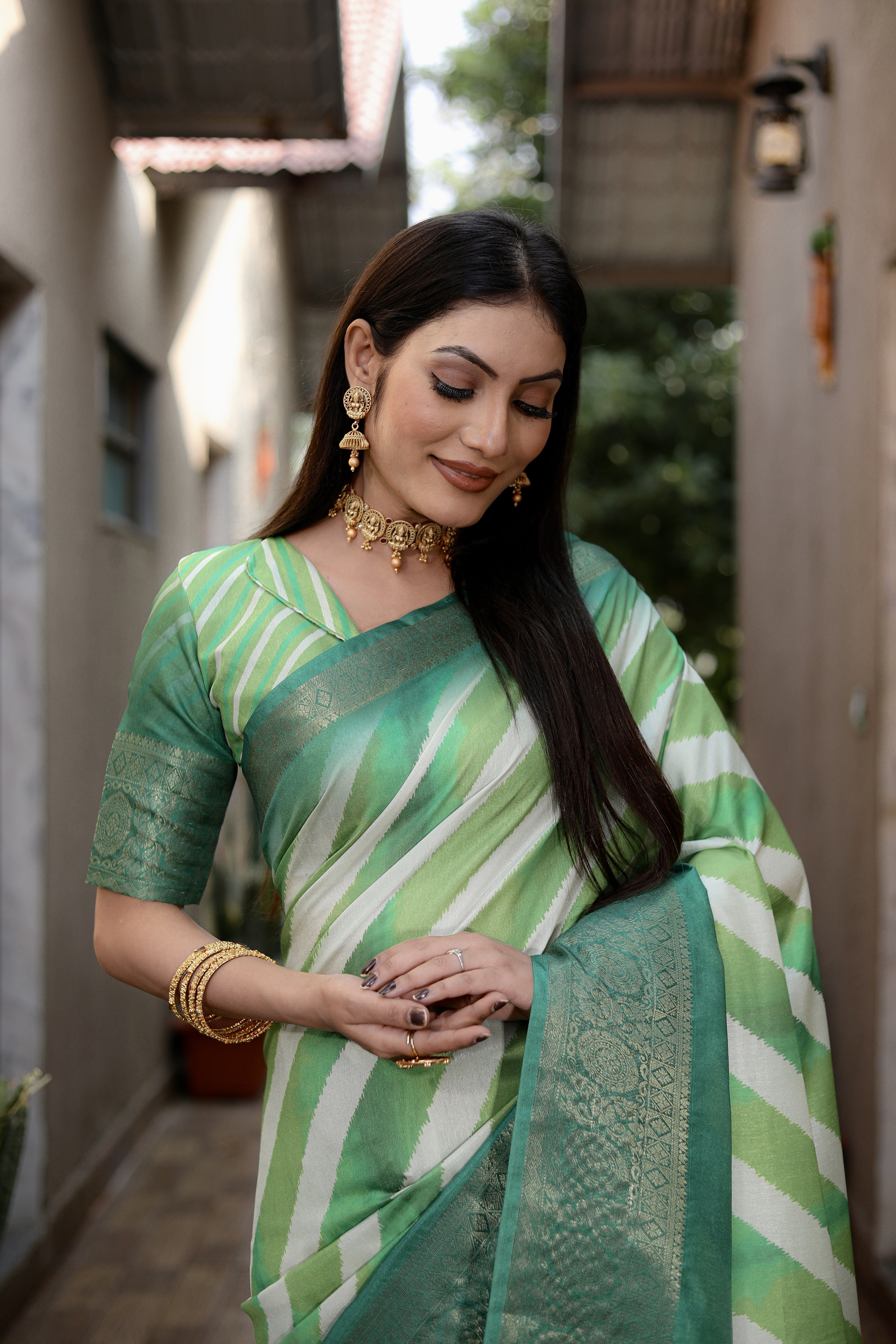 Green Soft Dola Silk saree with all over Sibory Pattern Digital prints