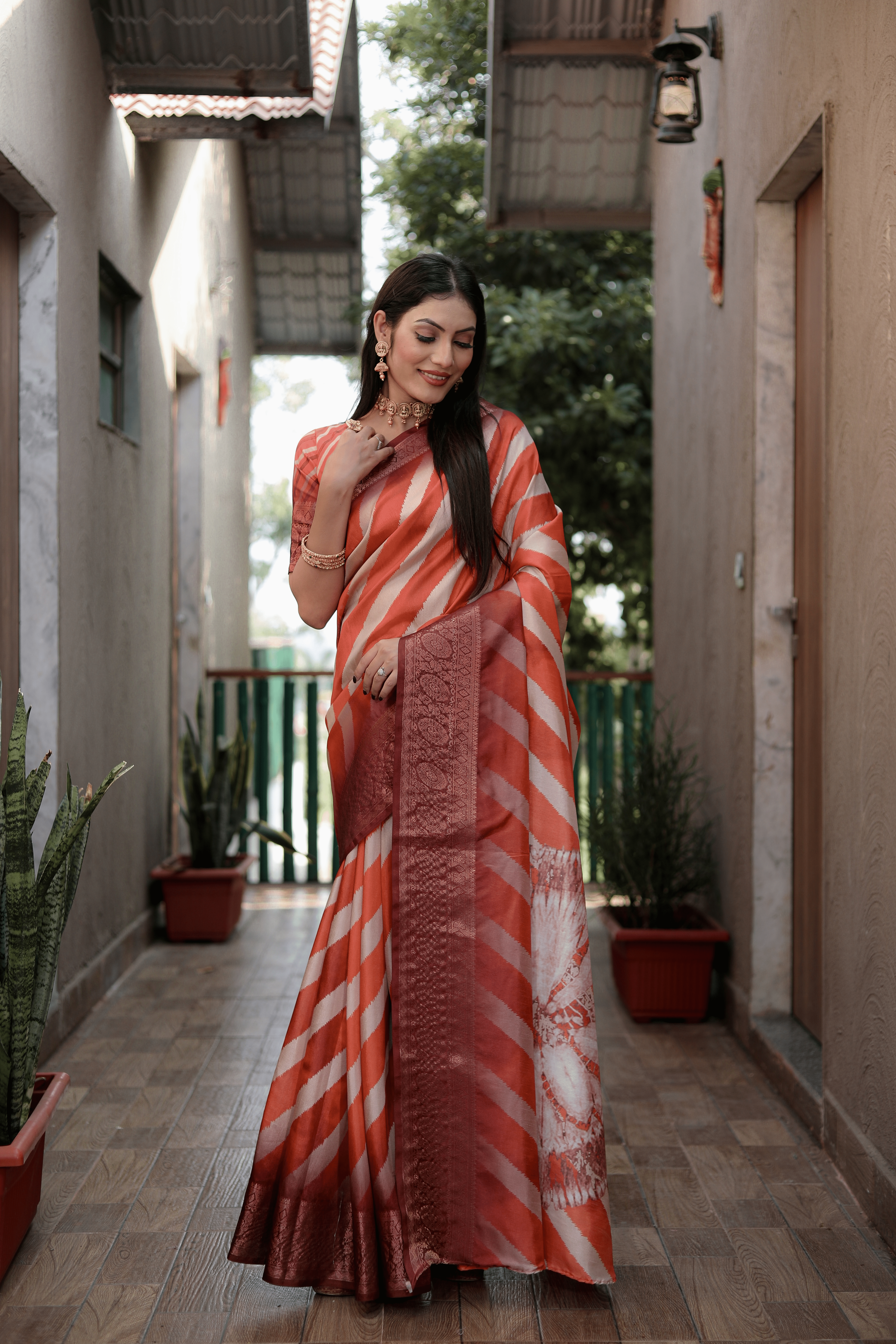 Orange Soft Dola Silk saree with all over Sibory Pattern Digital prints