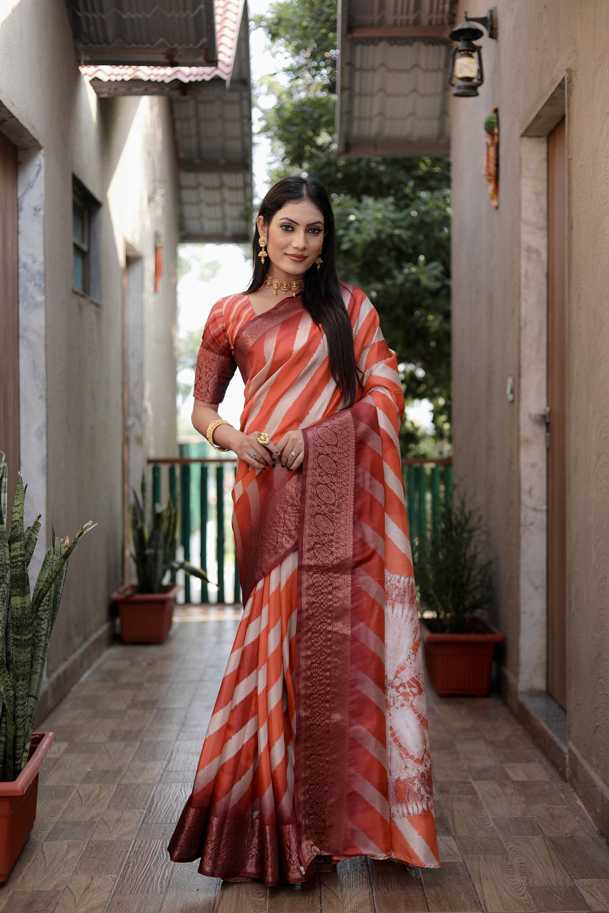 Orange Soft Dola Silk saree with all over Sibory Pattern Digital prints