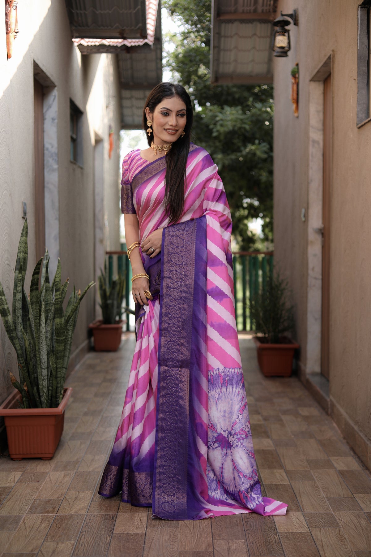 Pink Soft Dola Silk saree with all over Sibory Pattern Digital prints