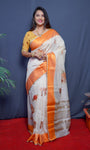 White And Orange Handloom Linen Silk Saree With Silver Zari Weaving