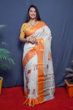 White And Orange Handloom Linen Silk Saree With Silver Zari Weaving