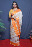 White And Orange Handloom Linen Silk Saree With Silver Zari Weaving