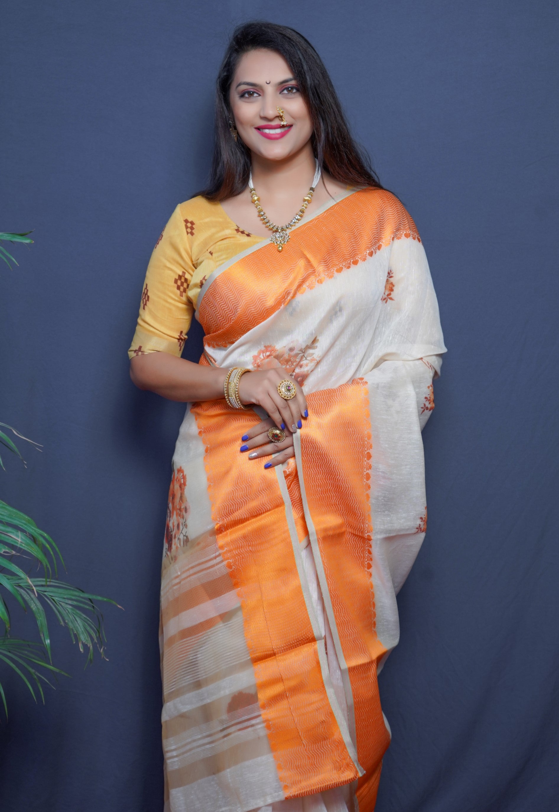 White And Orange Handloom Linen Silk Saree With Silver Zari Weaving