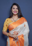 White And Orange Handloom Linen Silk Saree With Silver Zari Weaving