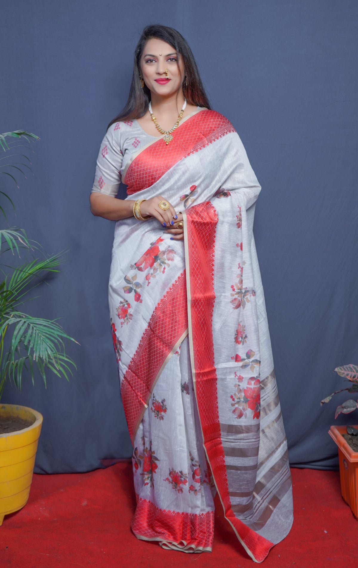 Red And Sky Handloom Linen Silk Saree With Silver Zari Weaving