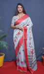 Red And Sky Handloom Linen Silk Saree With Silver Zari Weaving