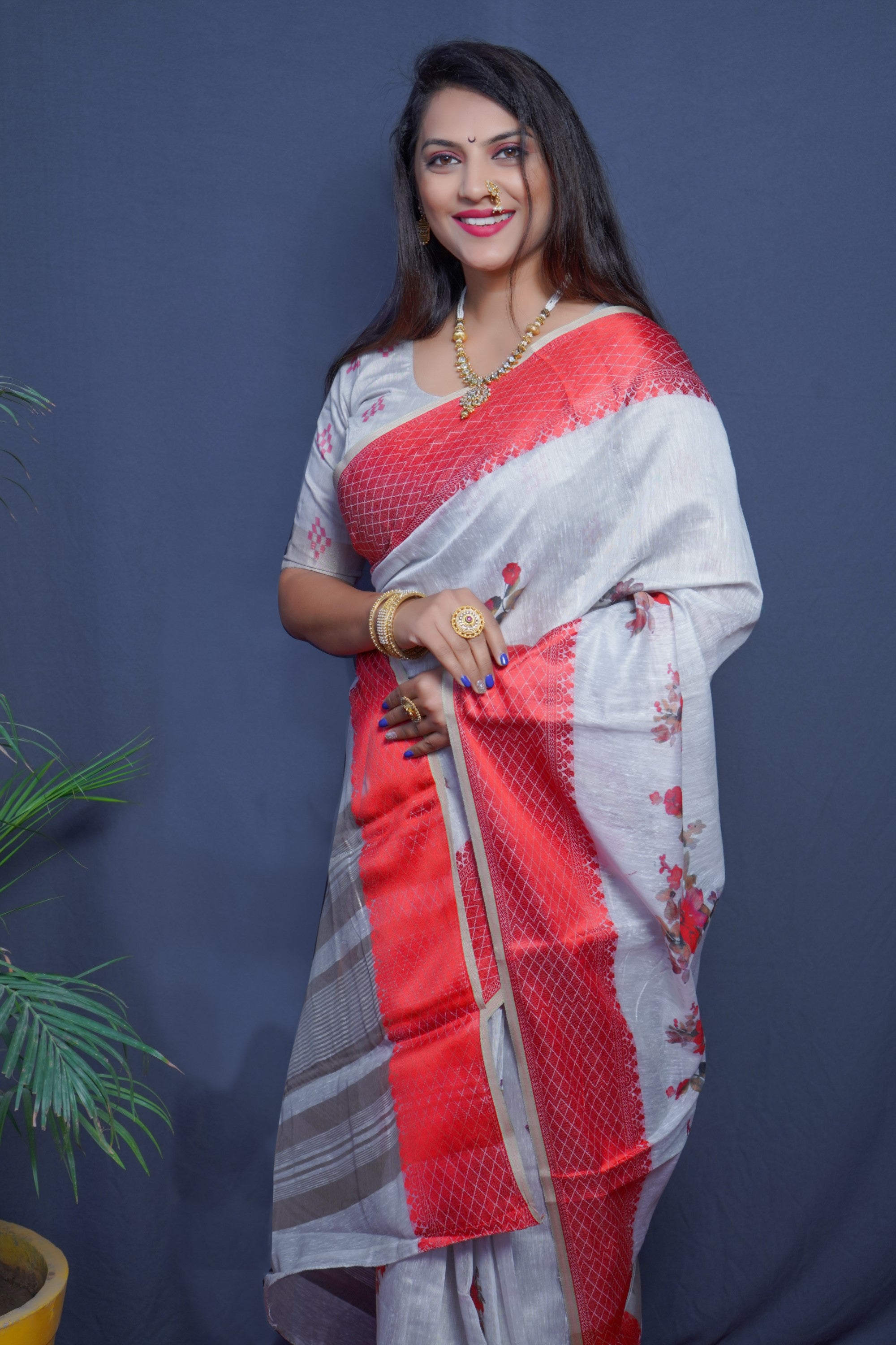 Red And Sky Handloom Linen Silk Saree With Silver Zari Weaving