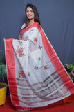 Red And Sky Handloom Linen Silk Saree With Silver Zari Weaving