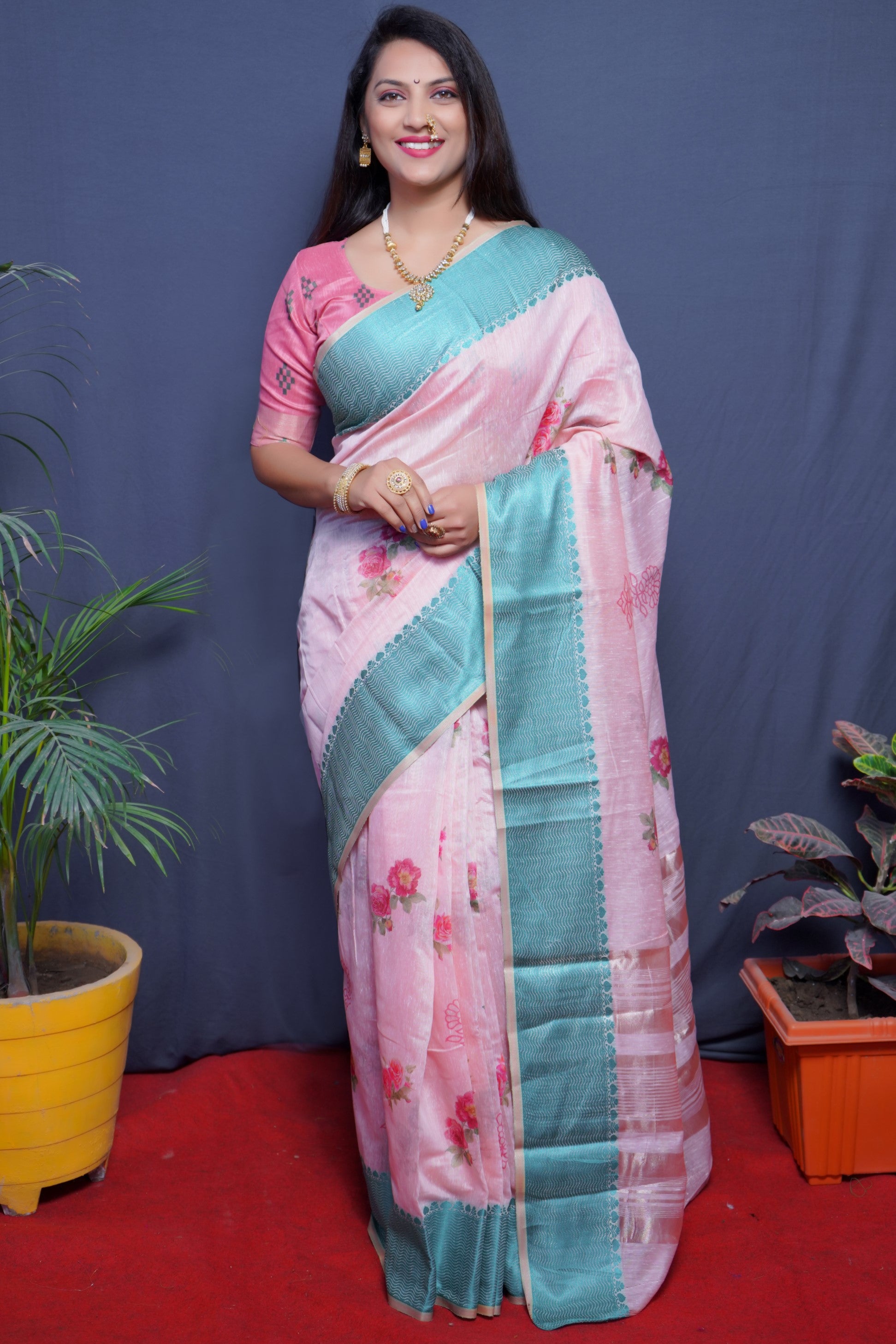 Pink Handloom Linen Silk Saree With Silver Zari Weaving