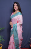 Pink Handloom Linen Silk Saree With Silver Zari Weaving