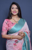 Pink Handloom Linen Silk Saree With Silver Zari Weaving