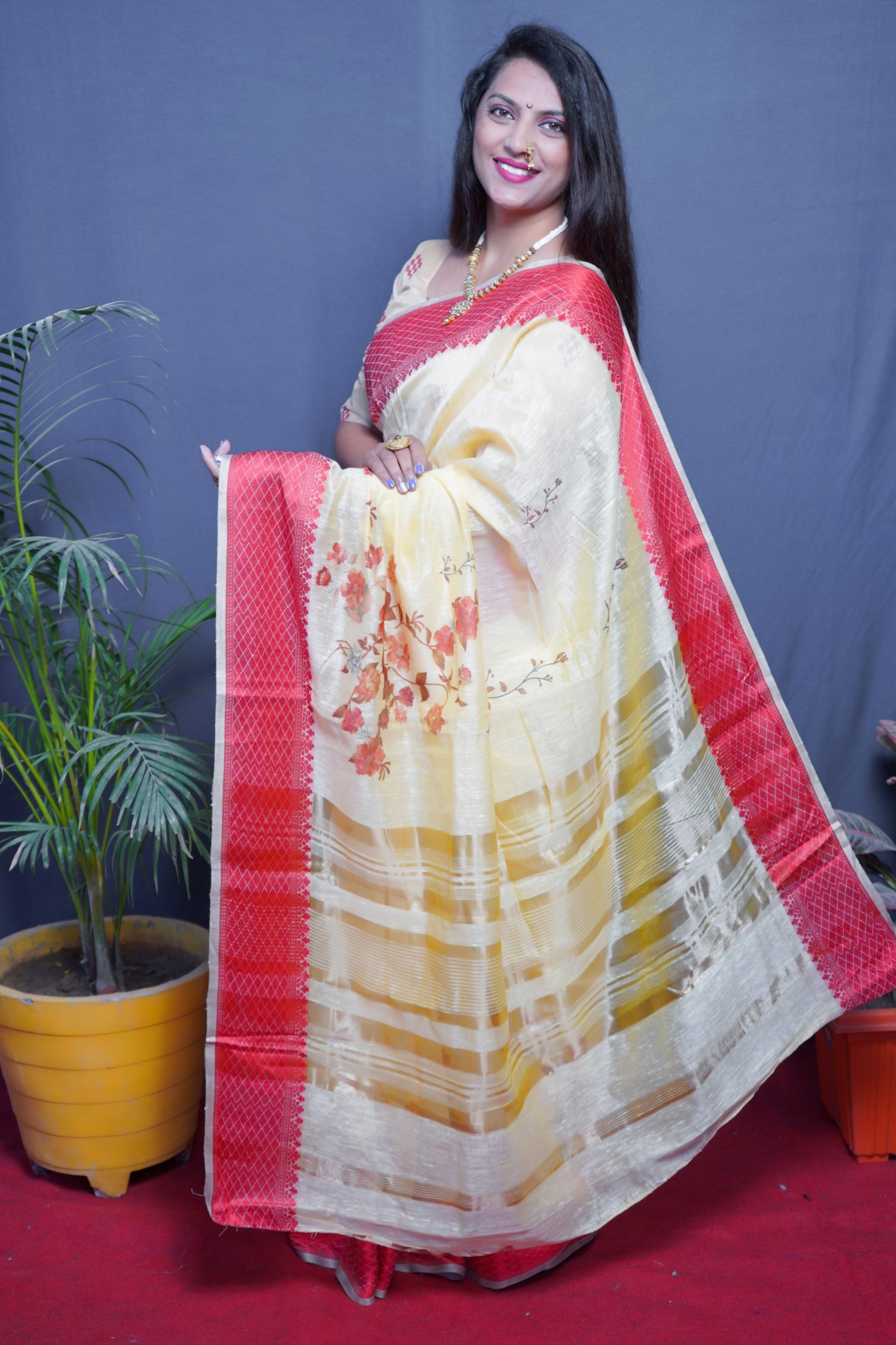 Yellow Handloom Linen Silk Saree With Silver Zari Weaving