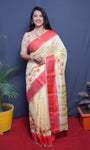 Yellow Handloom Linen Silk Saree With Silver Zari Weaving