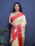 Yellow Handloom Linen Silk Saree With Silver Zari Weaving