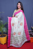 White And Pink Handloom Linen Silk Saree With Silver Zari Weaving